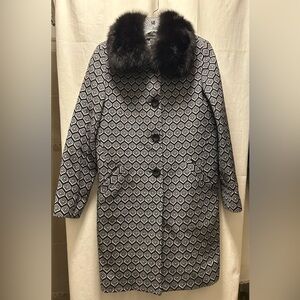 SofiaCashmere Black & White Geometric Print Wool/ Blend Coat w/ Fur Collar Sz.8